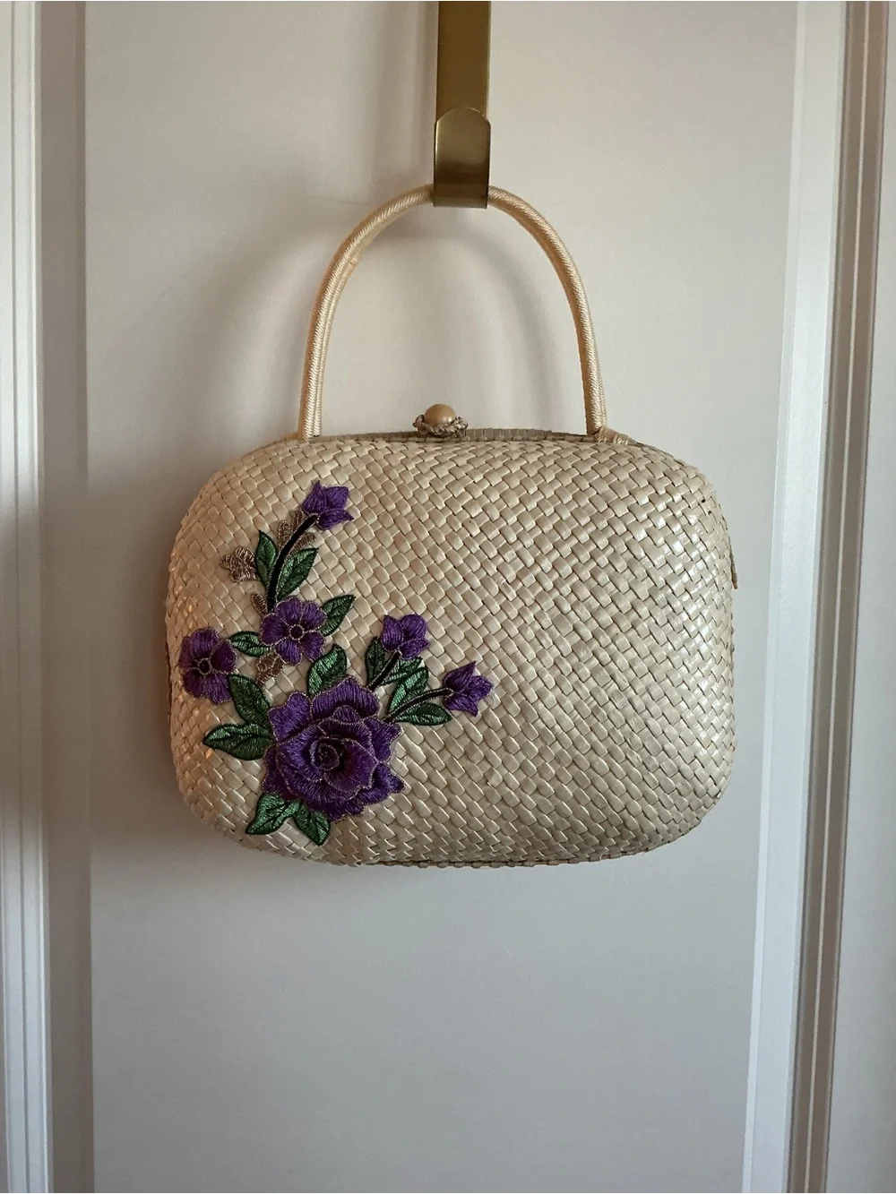 Woven Straw Top-Handle Bag with Purple Floral Embroidery - Picture 2 of 7